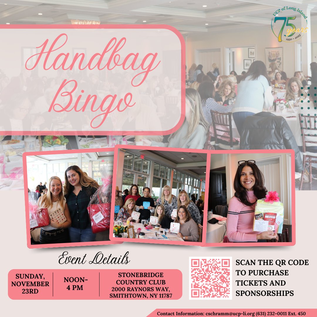 UCPofLongIsland (@ucpoflongisland) on Twitter photo 👜✨ UCP-LI Handbag Bingo Is Back!✨👜 Sunday, November 23rd from 12:00 PM – 4:00 PM, at Stonebridge Country Club, Smithtown, NY.
Buy tickets, sponsorships, and a Special Buy-In ticket today: specialevents.ucp-li.org/2025HandbagBin…
Contact information: cschramm@ucp-li.org 631-232-0011 ext. 450 👜✨ UCP-LI Handbag Bingo Is Back!✨👜 Sunday, November 23rd from 12:00 PM – 4:00 PM, at Stonebridge Country Club, Smithtown, NY.
Buy tickets, sponsorships, and a Special Buy-In ticket today: specialevents.ucp-li.org/2025HandbagBin…
Contact information: cschramm@ucp-li.org 631-232-0011 ext. 450