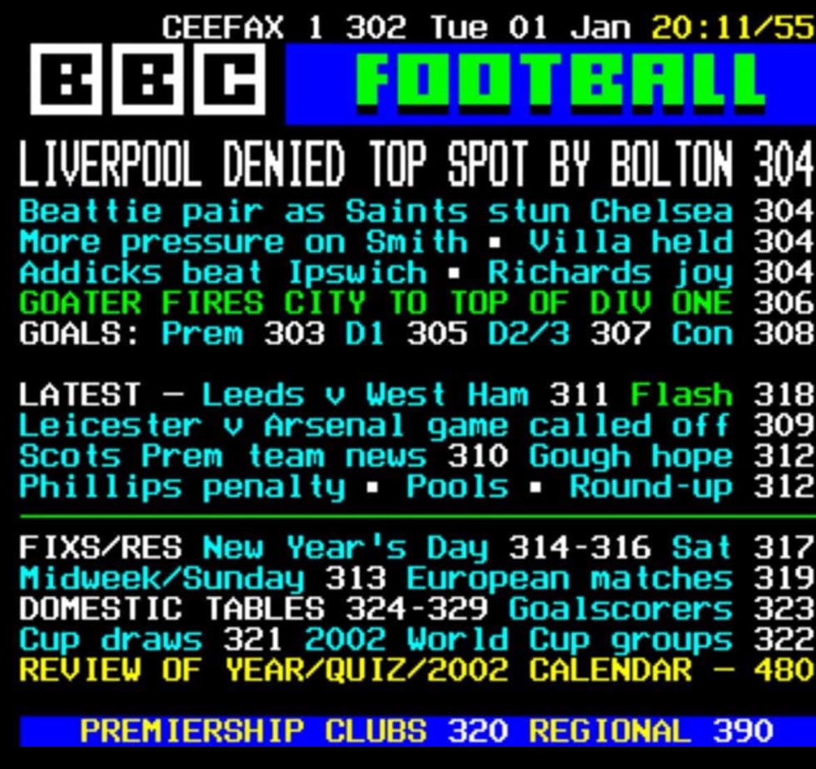 90sFootballUK1's tweet photo. Many will still remember the teletext 302 menu page. No app nowadays competes https://t.co/YY9aWuYaXX