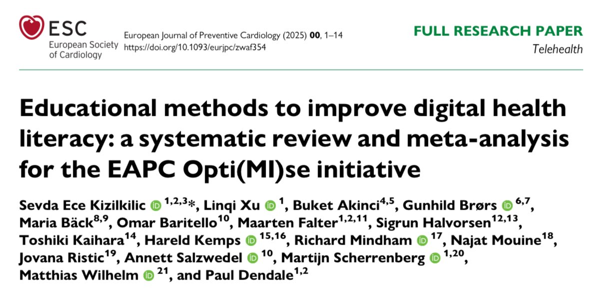 🎯 ¿Cómo mejorar la alfabetización digital en salud (DHL)?

Una revisión sistemática y meta-análisis (EAPC Opti(MI)se) analizó 21 estudios (n=4195) en adultos mayores y pacientes crónicos. 

Te contamos los hallazgos clave 🧵👇
🔗 doi.org/10.1093/eurjpc…