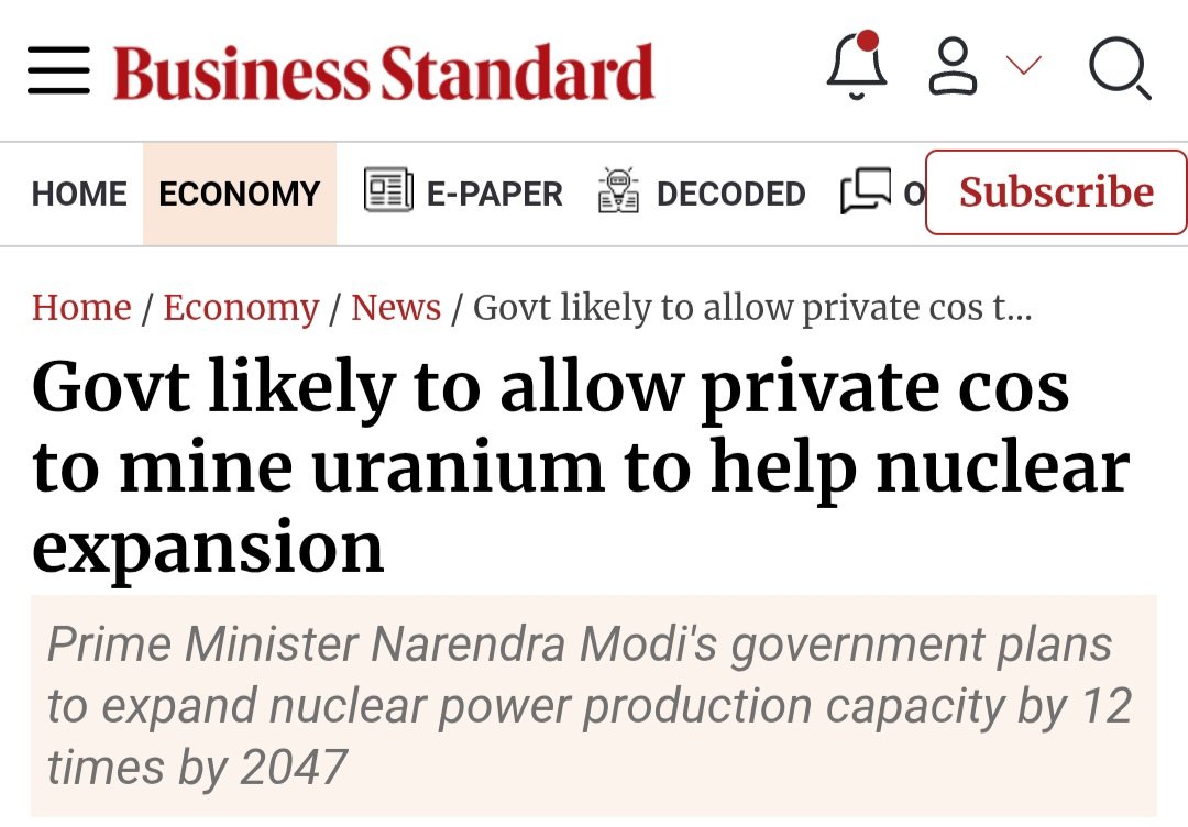 🚨 BIG! 🇮🇳 India to OPEN its URANIUM sector to private firms, allowing mining, imports and processing to boost NUCLEAR POWER capacity 🔥