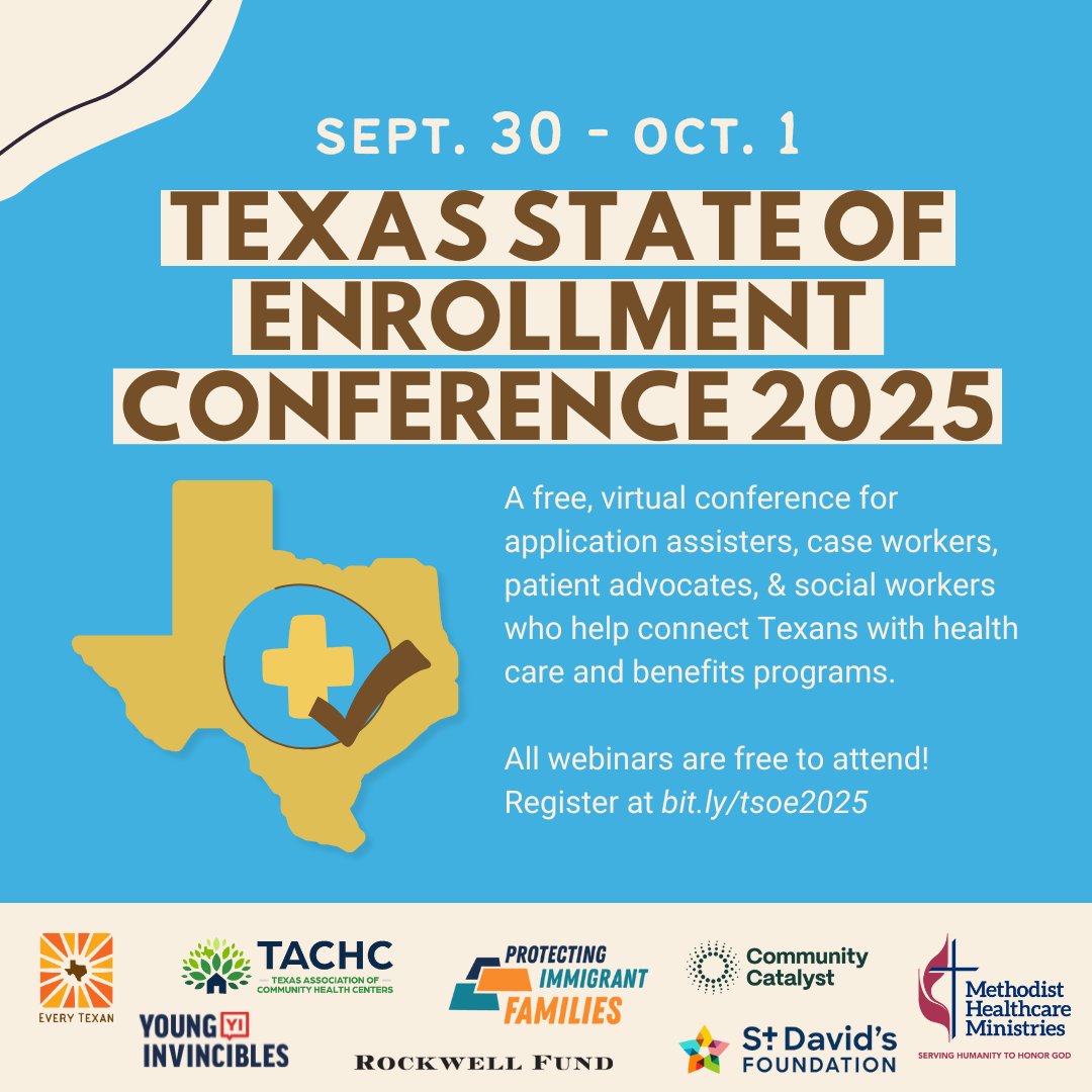 JOIN US for the 2025 Texas State of Enrollment virtual conference! 💻 Connect with assisters around the state who are improving access to Medicaid, CHIP, ACA plans, SNAP, WIC &amp; more.

🗓️ Sept 30 – Oct 1
📌 Register: bit.ly/tsoe2025