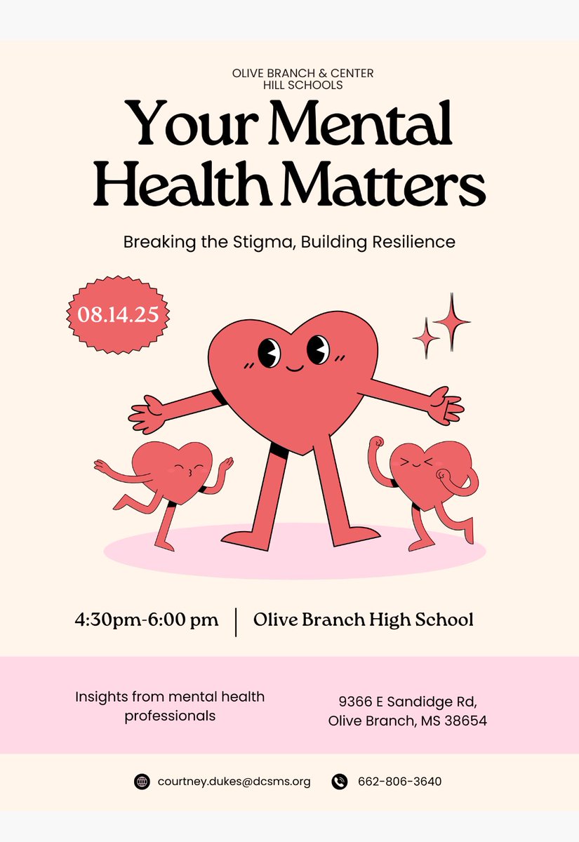 DCSMentalHealth's tweet photo. Prioritizing student well-being, Center Hill &amp; Olive Branch schools are excited to host "Your Mental Health Matters" at OBHS on Thursday, August 14th, from 4:30 to 6:00. All area school families are invited to attend &amp;  discover valuable local community mental health resources. https://t.co/UoSulpobhN