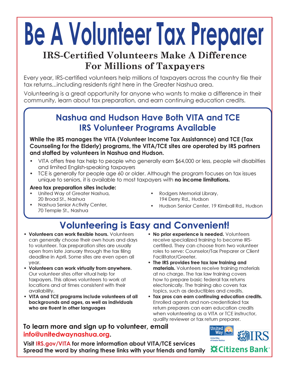 Are you seeking a convenient and
impactful volunteer opportunity? 🧐 Consider becoming an IRS-Certified Tax Preparer. 😃

If you want to register to volunteer or have more
questions, please email us at
info@unitedwaygreaternashua.org.