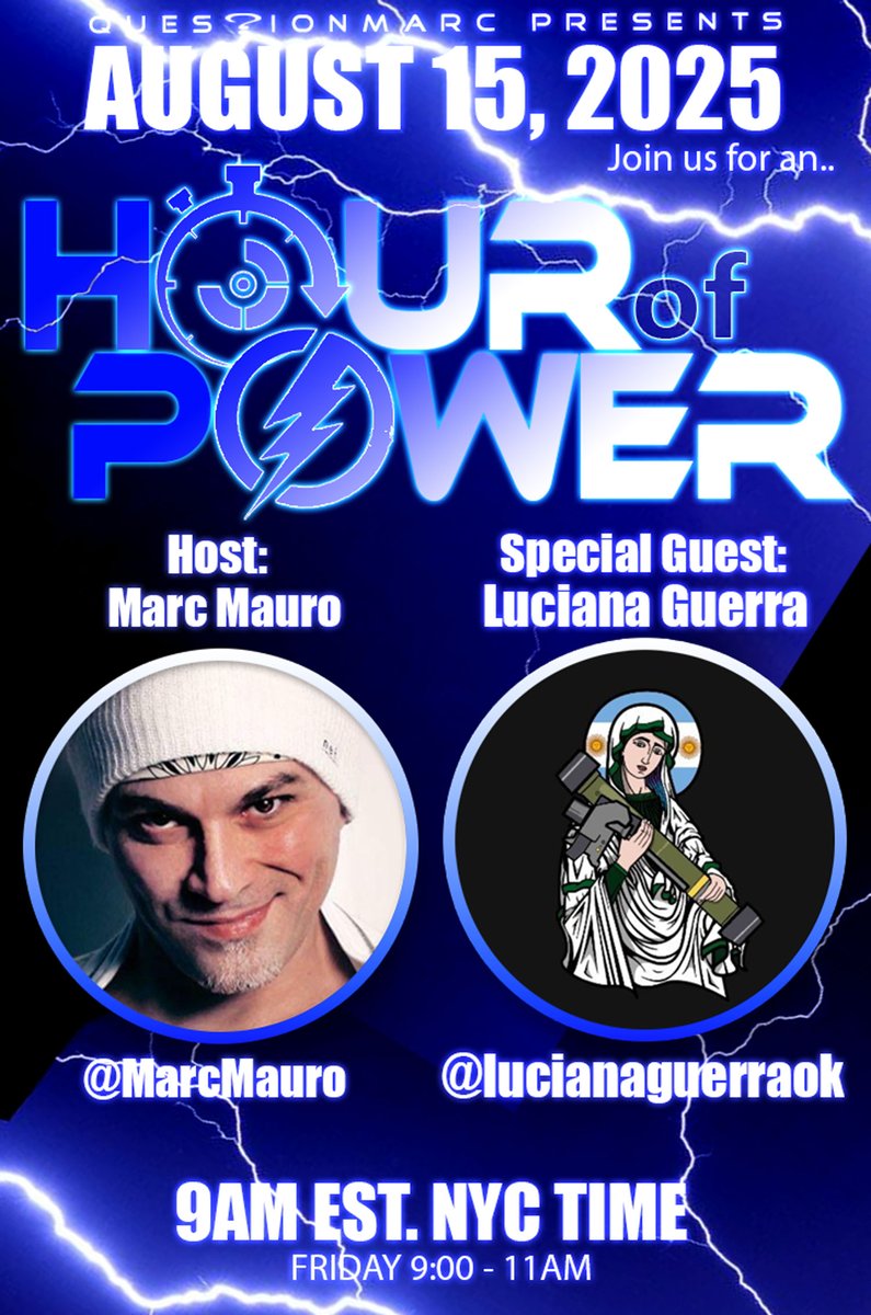 Marc Mauro (@marcmauro) on Twitter photo FRIDAY! August 15th 2025 9am NYC EST. <a href="/lucianaguerraok/">Luciana Guerra</a> one of the winning finalists featured in the IMAGINE <a href="/LinkedByArt/">LinkedByArt - SUPERCOMMUNITY</a> gallery, sponsored by <a href="/AITAprotocol/">AITA</a>
@Questionmarc presents HOP: ..The Hour of Power.. Episode #446 ..chaos is a friend of mine.. with Special Guest: Luciana FRIDAY! August 15th 2025 9am NYC EST. <a href="/lucianaguerraok/">Luciana Guerra</a> one of the winning finalists featured in the IMAGINE <a href="/LinkedByArt/">LinkedByArt - SUPERCOMMUNITY</a> gallery, sponsored by <a href="/AITAprotocol/">AITA</a>
@Questionmarc presents HOP: ..The Hour of Power.. Episode #446 ..chaos is a friend of mine.. with Special Guest: Luciana