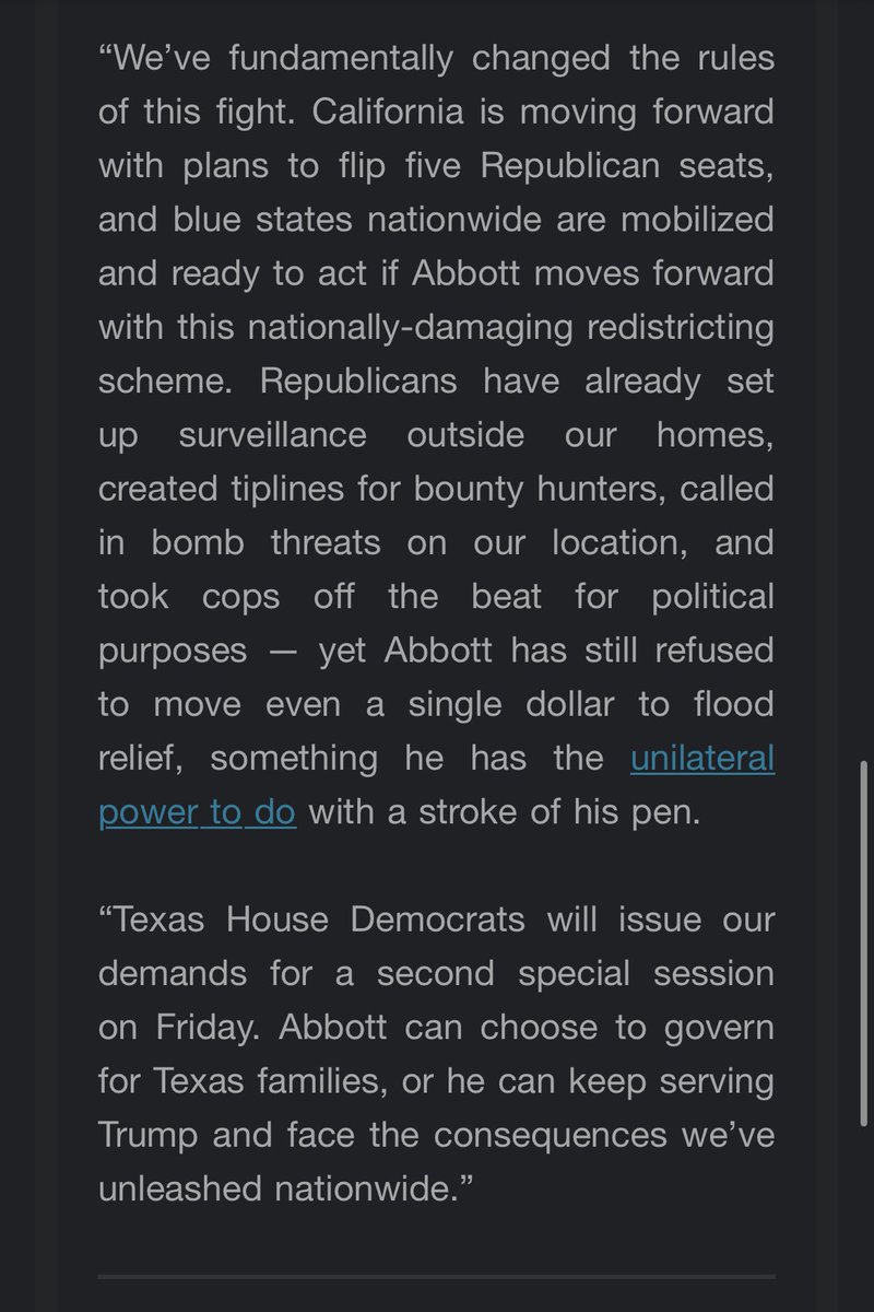 Inbox: <a href="/GeneforTexas/">Gene Wu</a> says <a href="/TexasHDC/">Texas House Democrats</a> will release demands for the second #txlege special session on Friday, noting that House Democrats agreed that they “refuse to give [Abbott] a quorum to pass his racist maps.”

“What happens next is entirely up to Greg Abbott.”