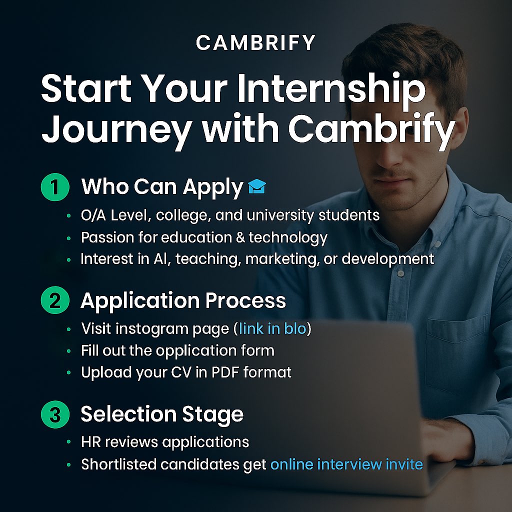 cambrify's tweet photo. Start your career with Cambrify 🚀 From application to onboarding, gain real-world EdTech &amp; AI experience! Apply now via our Instagram page 📩 #Cambrify #InternshipOpportunity #AI #EdTech #CareerGrowth #FutureOfWork #InternshipProgram #LearnAndGrow https://t.co/DskwJQ0lDE