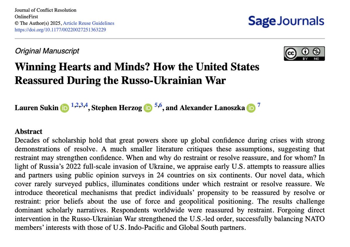 1/8 
Happy to report that I have a new #OpenAccess article out w/<a href="/Lauren_Sukin/">Lauren Sukin</a> &amp; <a href="/ALanoszka/">Alexander Lanoszka</a> in the Journal of Conflict Resolution. We examine the efficacy of U.S. attempts to reassure other countries and their populations during the Russo-Ukrainian War.  journals.sagepub.com/doi/10.1177/00…