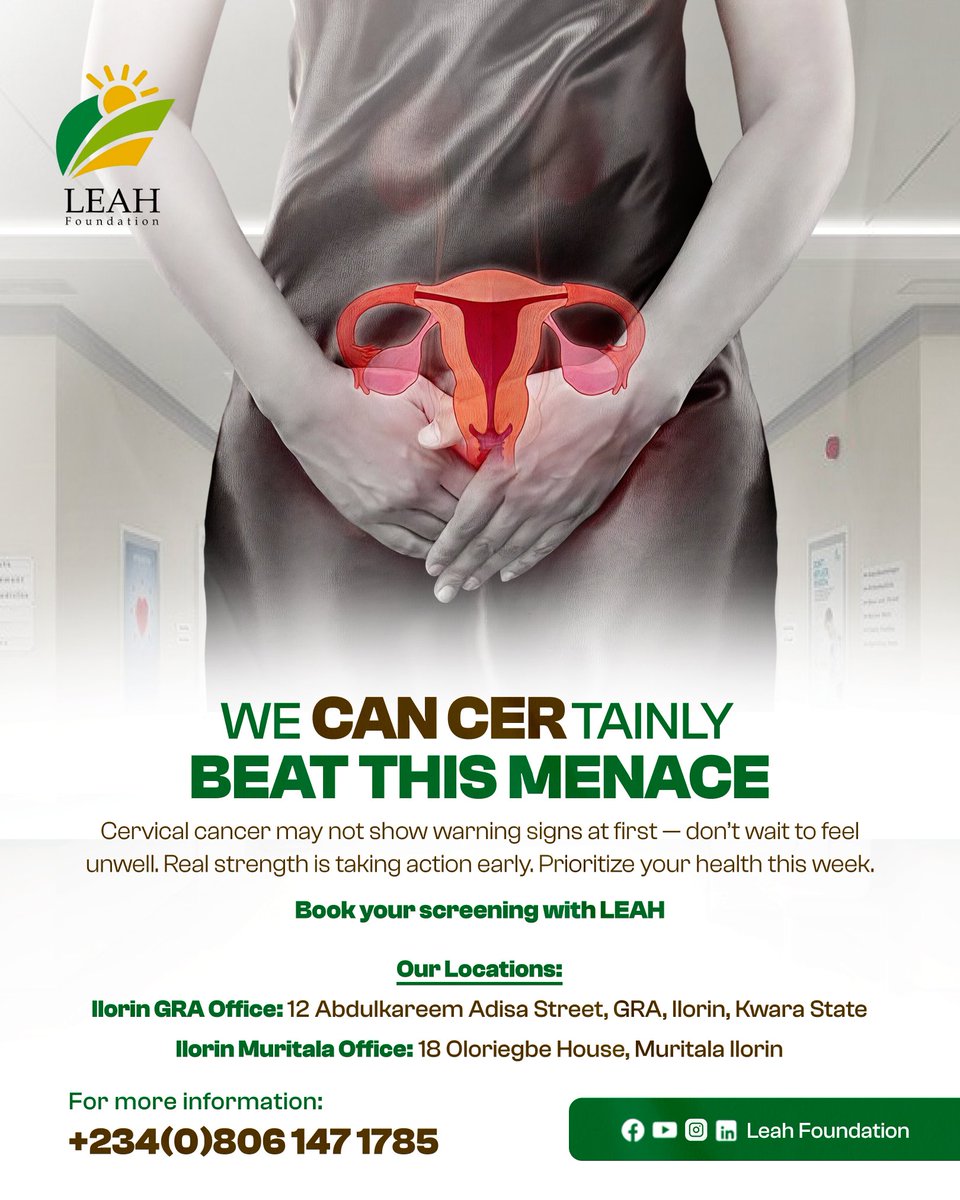 leah_foundation's tweet photo. Cervical cancer can be beaten—and early detection is the key. 💚 Don’t wait for symptoms. Book your screening today and take control of your health. #CervicalCancerAwareness #EarlyDetectionSavesLives #LeahFoundation https://t.co/aYsjKZA8dT