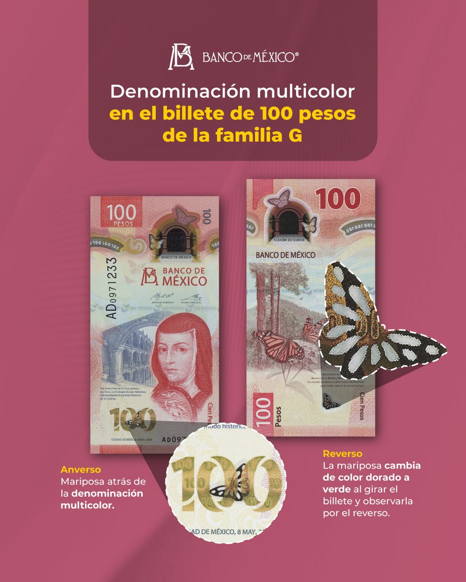 Banxico's tweet photo. #SabíasQue en la denominación multicolor del #Billete100 pesos se esconde una figura. 
https://t.co/KkT9VsB6Ub https://t.co/eDOhGiIhu9