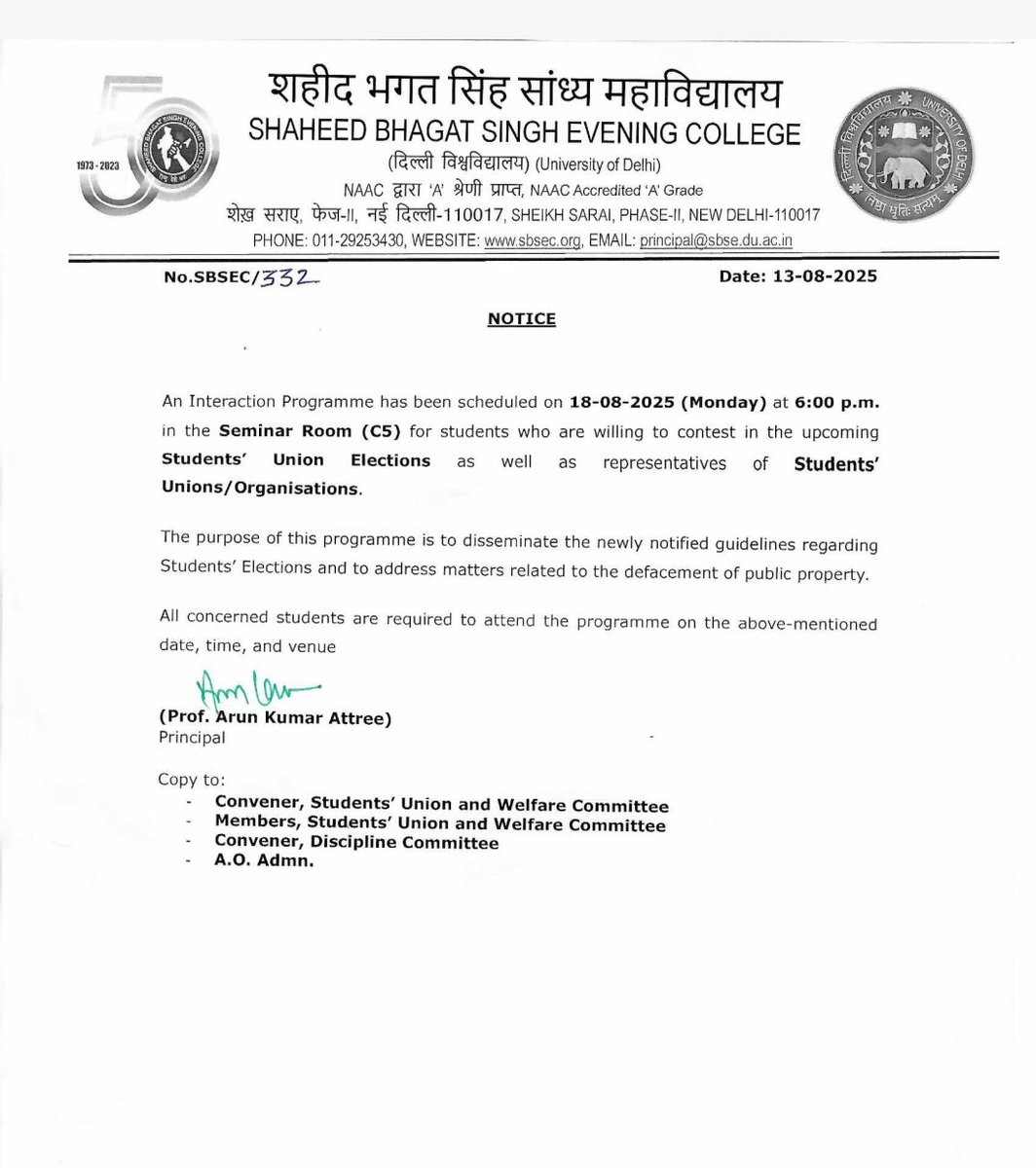 BhagatEvening's tweet photo. All students are hereby informed that an Interaction Program for College students union election- 2025 has been scheduled on 18 August 2025 (Monday) at 6:00 PM in Room C5.
All interested students are requested to attend the program on time.
#sbsec #sbsce
#Universityofdelhi https://t.co/crMumqJRxD