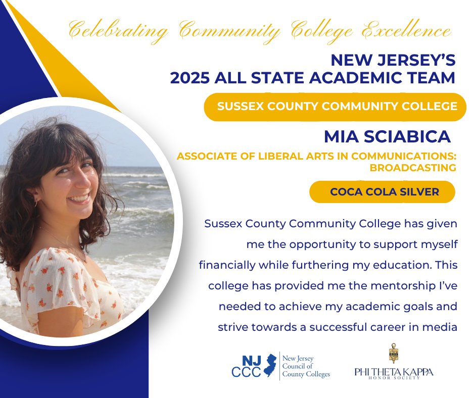 NJ's Community Colleges (@njcommcolleges) on Twitter photo Academic excellence. Community service. True leadership. 
Hats off to Mia Sciabica of @SussexCountyCC, a 2025 New Jersey All-State Academic Team honoree! 
#NJAllStateAcademicTeam #IamPTK @phithetakappa Academic excellence. Community service. True leadership. 
Hats off to Mia Sciabica of @SussexCountyCC, a 2025 New Jersey All-State Academic Team honoree! 
#NJAllStateAcademicTeam #IamPTK @phithetakappa