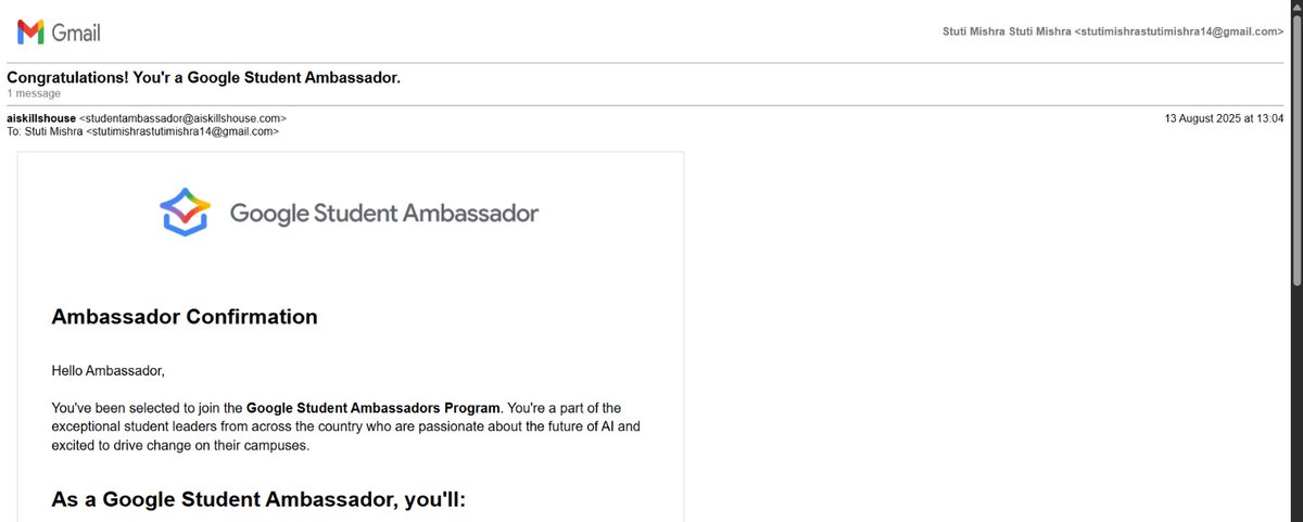 💙 Dream Come True! ✨
Thrilled to join my favorite company <a href="/Google/">Google</a> as a Google Student Ambassador! 2025🚀
Excited to learn, grow &amp; make an impact on campus.

Special thanks to Google &amp; Sanjay Viswanathan Sir 💙

#Google #StudentAmbassador #DreamComeTrue