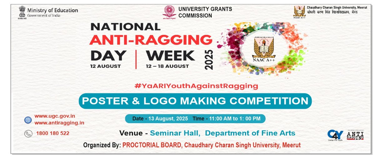 Ccsumeerut's tweet photo. एंटी रैगिंग अवेयरनेस महोत्सव 2025" के अंतर्गत @ccsuniversity में Poster & Logo making प्रतियोगिता आयोजित। प्रतिभागियों ने रचनात्मक संदेशों से "रैगिंग मुक्त परिसर" का संकल्प दोहराया। विजेताओं को समापन दिवस पर सम्मानित किया जाएगा। #YaARIYouthAgainstRagging #AntiRaggingWeek https://t.co/29oQgR49qc