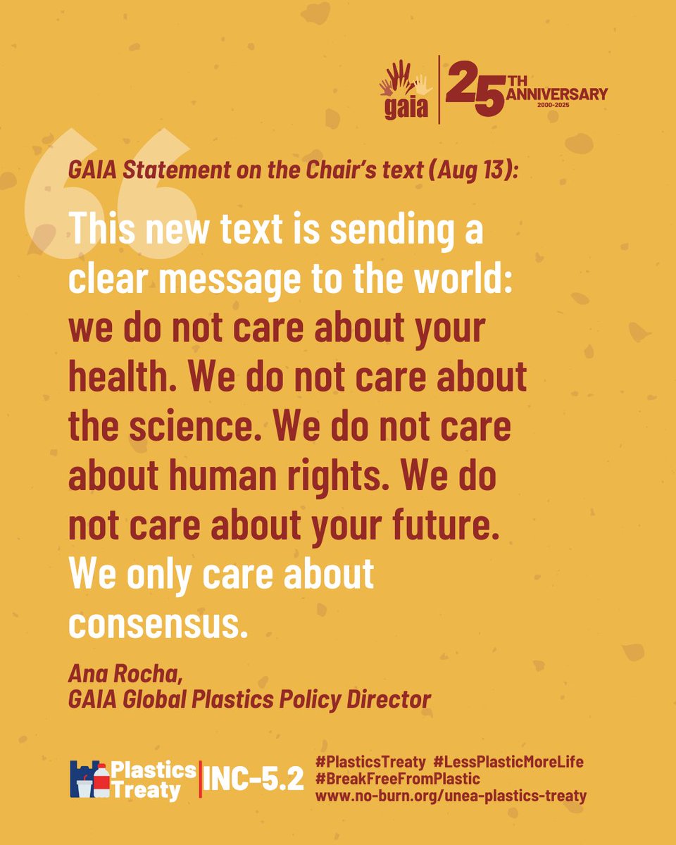 GAIAnoburn's tweet image. GAIA rejects the Chair&apos;s latest text at #INC5_2. It disrespects the will of the majority and the very mandate of the UNEA resolution - &quot;end plastic pollution&quot;.

Our full statement in English and Spanish here: no-burn.org/gaias-statemen…

#couragenotcompromise #PlasticsTreaty