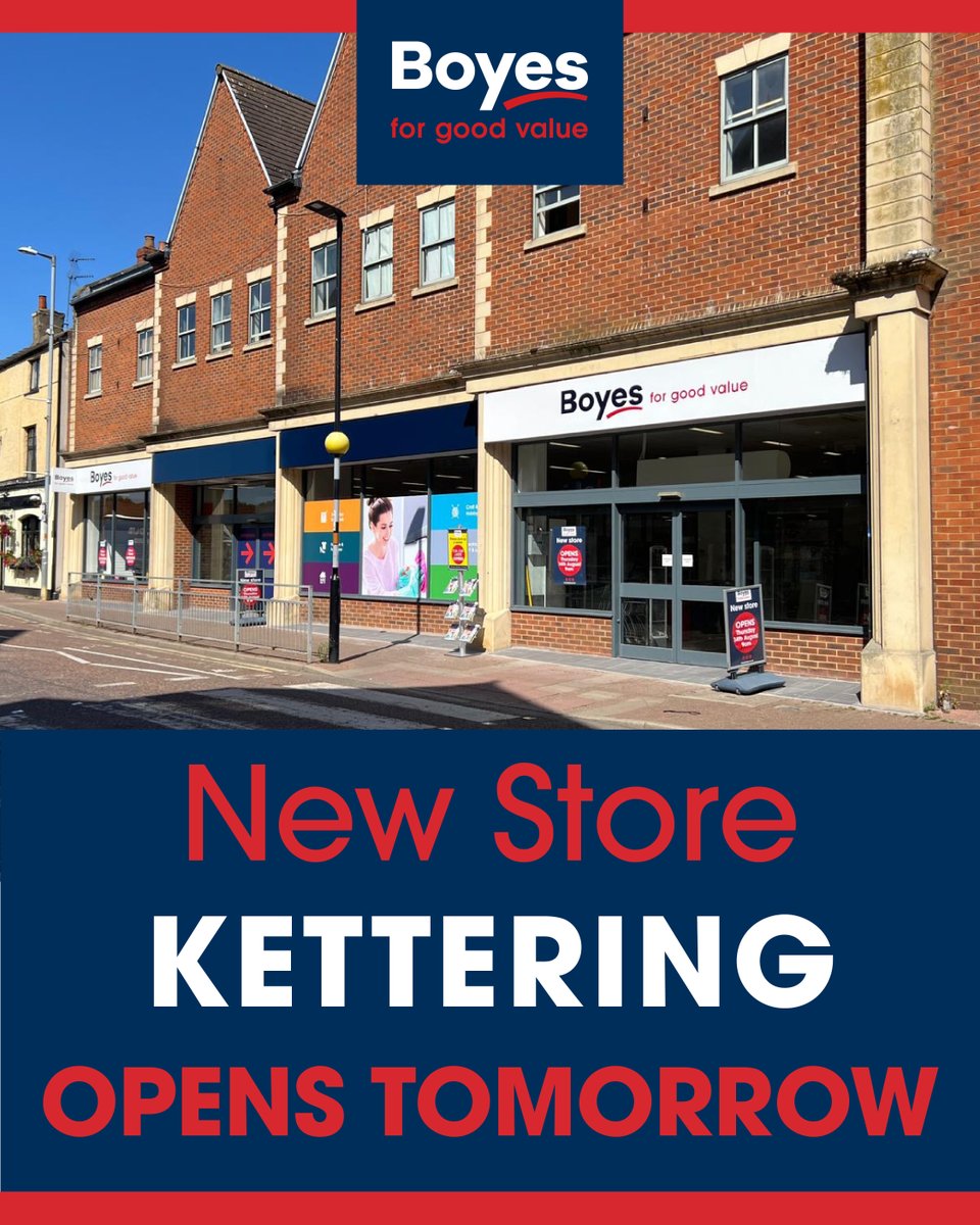 Kettering, our brand-new Boyes store opens TOMORROW 🙌

📍 13–17 Newland Street
⏰ Doors open from 9am

Be the first to explore amazing value across homeware, fashion, crafts, cleaning, garden &amp; more – all under one roof.

We can’t wait to welcome you! 💙