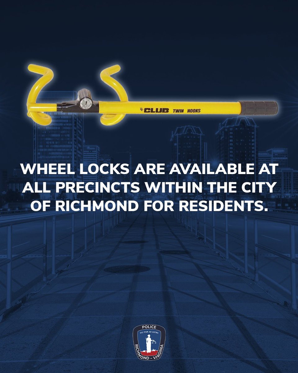 🚨 Honda thefts are rising in Richmond!

We’re giving FREE wheel locks to Honda owners — available at every precinct.
Richmond residents only. First come, first served. 🔒

#RVA #VehicleSafety #CommunitySafety