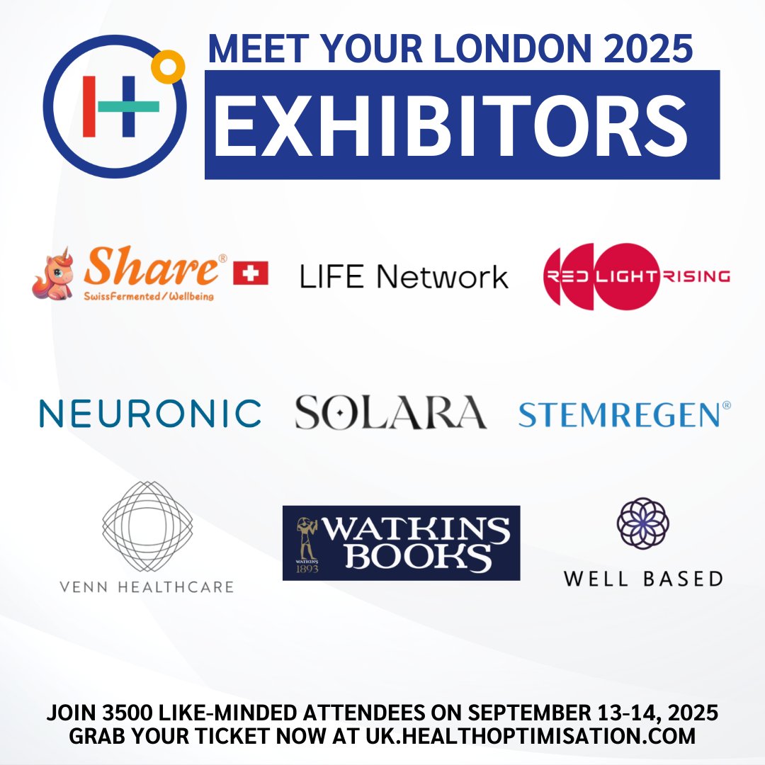 Health Optimisation Summit (@hosummit) on Twitter photo Meet the latest 9 transformative brands joining us at the Health Optimisation Summit UK 2025! 🌟
1️⃣ ShareSwiss
2️⃣ Life Network
3️⃣ <a href="/RedLightRising/">Red Light Rising 🚨</a>
4️⃣ <a href="/Neuronic/">Neuronic</a>
5️⃣ Solara
6️⃣ <a href="/stemregen/">STEMREGEN</a>
7️⃣ <a href="/VennHealthcare/">Venn Healthcare</a>
8️⃣ <a href="/watkinsbooks/">Watkins Books</a>
9️⃣ Well Based
🎟️ uk.healthoptimisation.com Meet the latest 9 transformative brands joining us at the Health Optimisation Summit UK 2025! 🌟
1️⃣ ShareSwiss
2️⃣ Life Network
3️⃣ <a href="/RedLightRising/">Red Light Rising 🚨</a>
4️⃣ <a href="/Neuronic/">Neuronic</a>
5️⃣ Solara
6️⃣ <a href="/stemregen/">STEMREGEN</a>
7️⃣ <a href="/VennHealthcare/">Venn Healthcare</a>
8️⃣ <a href="/watkinsbooks/">Watkins Books</a>
9️⃣ Well Based
🎟️ uk.healthoptimisation.com