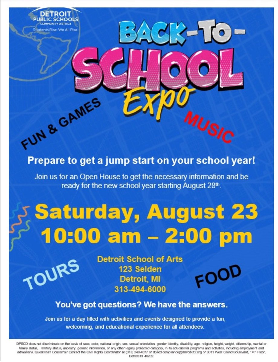 The Back-to-School Expo
Detroit School of Arts 🎶🎨
🗓 Saturday, August 23
🕙 10:00 AM – 2:00 PM
📍 123 Selden, Detroit, MI
🎉 Fun &amp; Games | 🎵 Music | 🍔 Food | 🏫 Tours
Come get the info you need, enjoy exciting activities,
#BackToSchoolExpo #DetroitSchoolOfArts #DPSCD