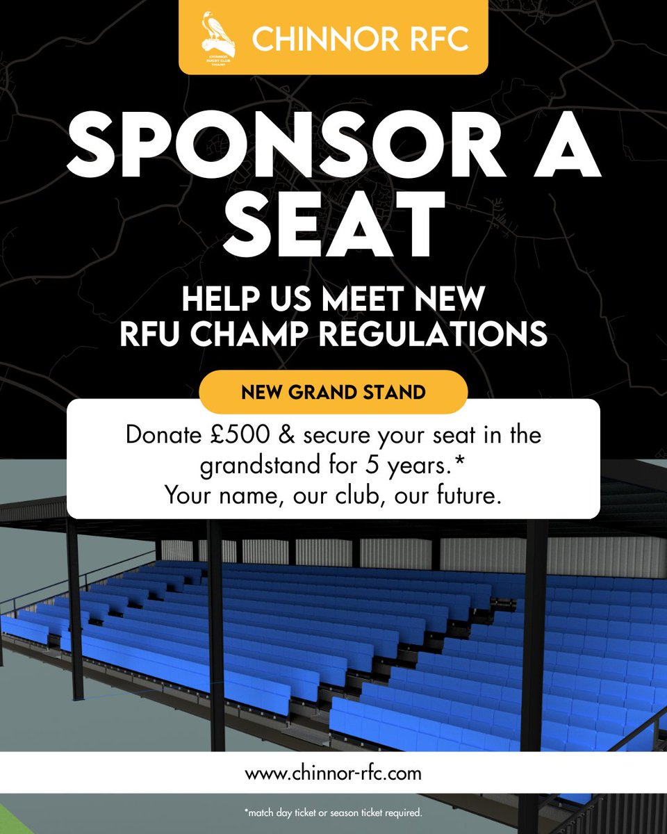 ChinnorRFCThame's tweet photo. We’re raising vital funds to make our Kingsey Road home the very best it can be and we need our community behind us.

Every seat sponsored helps us meet new RFU Championship regulations and creates a legacy for generations of players, fans, and families.

Find out more here: https://t.co/QsQqNlLPle
Or, email: nicky@chinnor-rfc.com