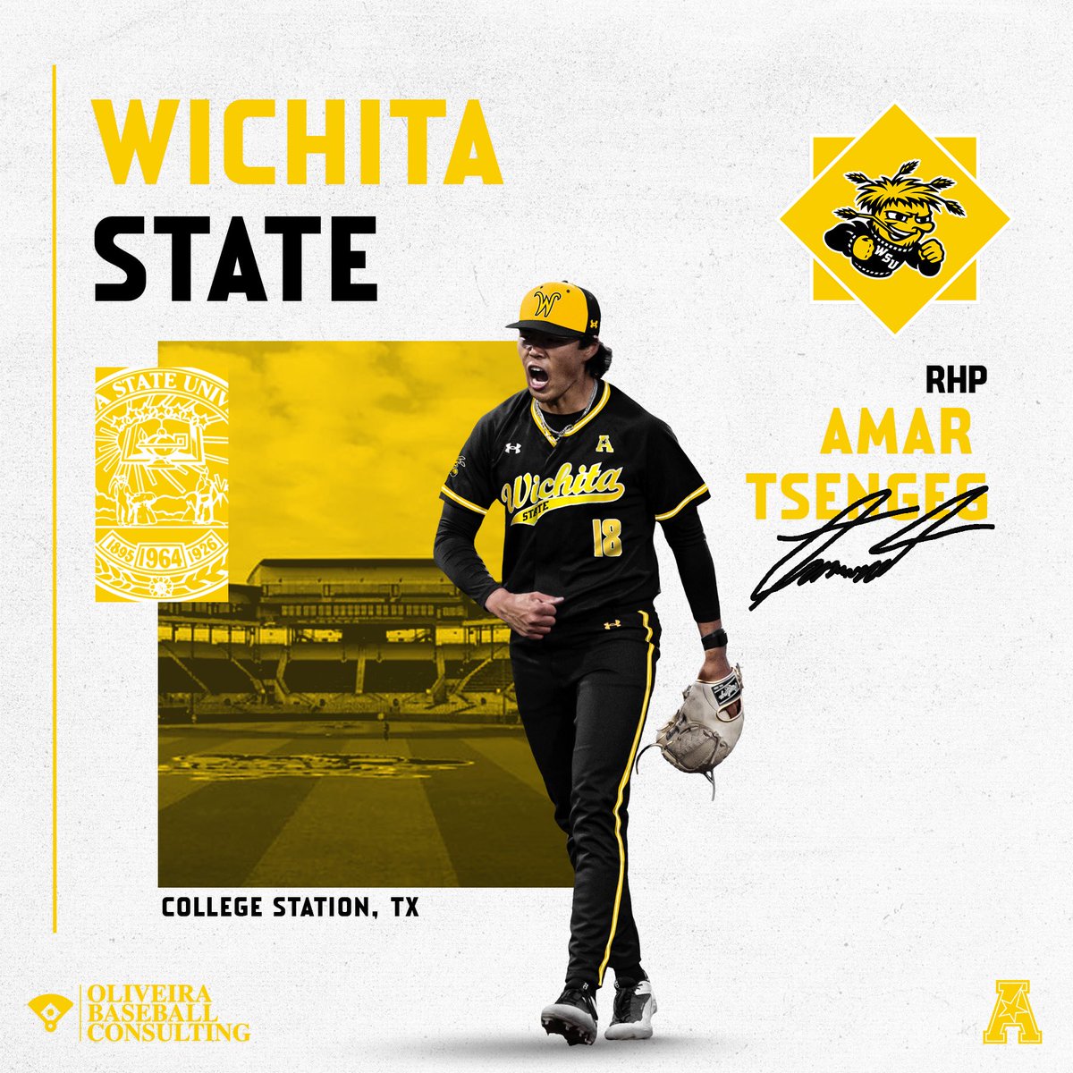Congrats to Amar Tsengeg on his commitment to Wichita State University. Big arm from the portal heading to pitch for the Shockers. Excited for the Tsengeg family #WSU #FearTheWheat 🌾 #AAC #Committed #OBC