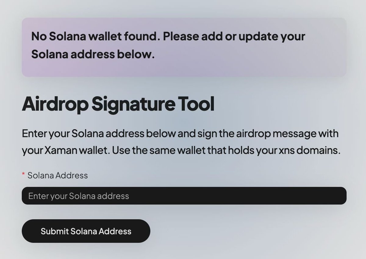 Seeing “no address attached”? Sync can take a minute.
Refresh the page. If it still doesn’t show after 5–10 minutes, DM us and we’ll sort it.

(Quick check: sign with the XRPL wallet that holds your domains; paste your Solana address only.)