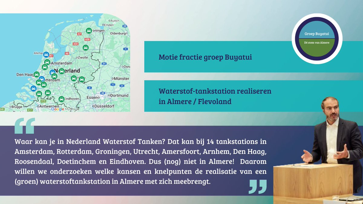 Waar kan je in Nederland Waterstof Tanken? Dat kan in Amsterdam, Rotterdam, Groningen, Utrecht, Amersfoort, Arnhem, Den Haag, Roosendaal, Doetinchem en Eindhoven. Maar niet in Almere. Daarom een motie: almere.notubiz.nl/document/15852…
#Waterstof #Almere #samenvooralmere #destemvanalmere