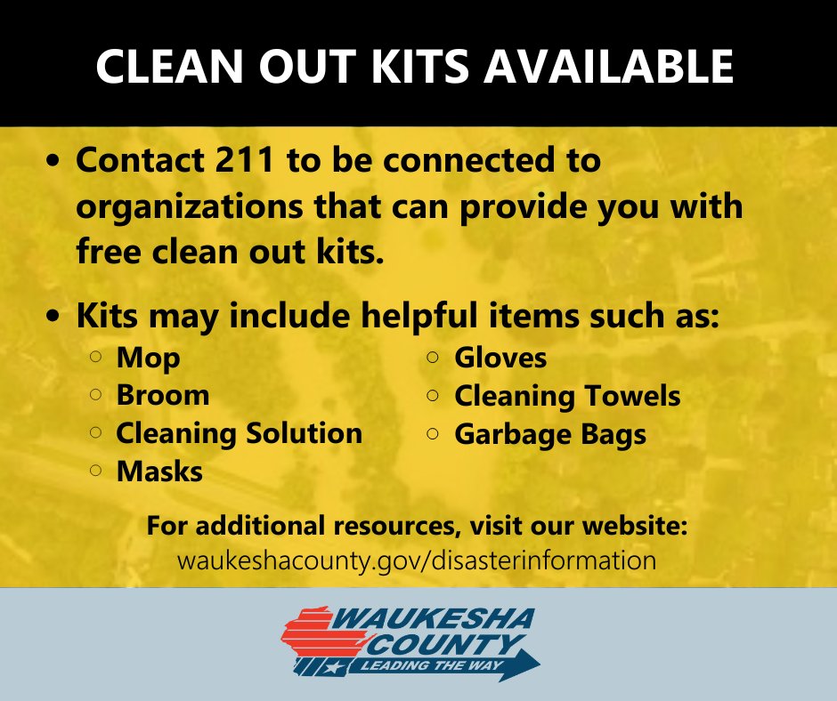 WaukCoEM's tweet photo. Need help cleaning out after the flood? Contact 211 to receive information on organizations providing free clean-out kits and other vital resources. The process might seem daunting, but our community is rallying together to support you! https://t.co/Rz8VT9qmH7