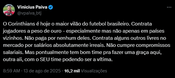 cronicaalvinegr's tweet photo. O Corinthians contratou 2 jogadores no ano de 2026, ambos sem contrato.

1 em março;
1 em agosto;

Salário de jogador de meio de tabela e contratos curtos.

9 meses de contrato para o Angileri;
1 ano e 4 meses para o Vitinho;

Foi o time que menos contratou em todas as 4 divisões do futebol brasileiro na temporada.

A contratação mais cara dos últimos 12 meses foi 11 milhões de reais, o Alex Santana.

Depois o Charles, 8 milhões.
Depois o Hugo, 4 milhões.

O Corinthians paga 40% do Memphis, o restante quem paga é a Esporte da Sorte.

Carillo veio ganhando MENOS que o Romero.
André Ramalho veio ganhando MENOS que o Romero.

Todos as insanidades da gestão foram ha exatos 1 ano e 7 meses atrás, feitos pelo Rubão, expulso do cargo.

De lá pra cá, gastou em quem? Sem a Esporte da Sorte o Memphis NÃO ESTARIA AQUI.

Diminuiu uns 3 milhões na folha de pagamento contando com o Vitinho.

Quando o Corinthians gastava 40 milhões em Rojas, 20 em Cafu... ninguém reclamava, encher o clube de dívida com jogador ruim tava ótimo.

Agora que consegue ter um time minimamente competitivo COM UMA FOLHA MENOR que a gestão do Andrés/Duílio, é ruim? Pelo amor de DEus, gente!