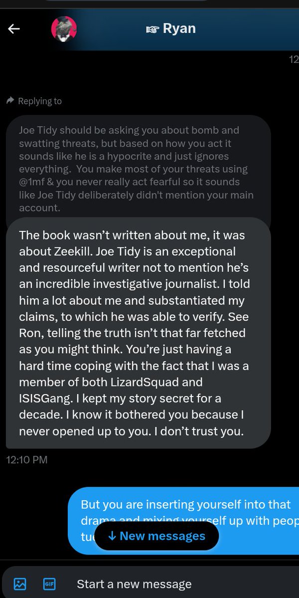 Ron Brynaert (@ronbryn) on Twitter photo <a href="/1mf/"> ☞ Ryan</a> I live in a nice neighborhood, Ryan.
I am not afraid if you dox where I live and try to get your pals to swat me.
Please keep threatening & menacing me on behalf of @JoeTidy, while he ignores it. <a href="/1mf/"> ☞ Ryan</a> I live in a nice neighborhood, Ryan.
I am not afraid if you dox where I live and try to get your pals to swat me.
Please keep threatening & menacing me on behalf of @JoeTidy, while he ignores it.