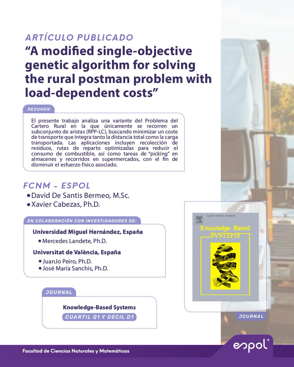 Docentes de la #FCNM, junto a investigadores de España, publicaron en la revista Knowledge-Based Systems una investigación que presenta una solución al Problema del Cartero Rural.

Descubre cómo idearon rutas óptimas que reducen costos y esfuerzo: acortar.link/zM5rRR.
