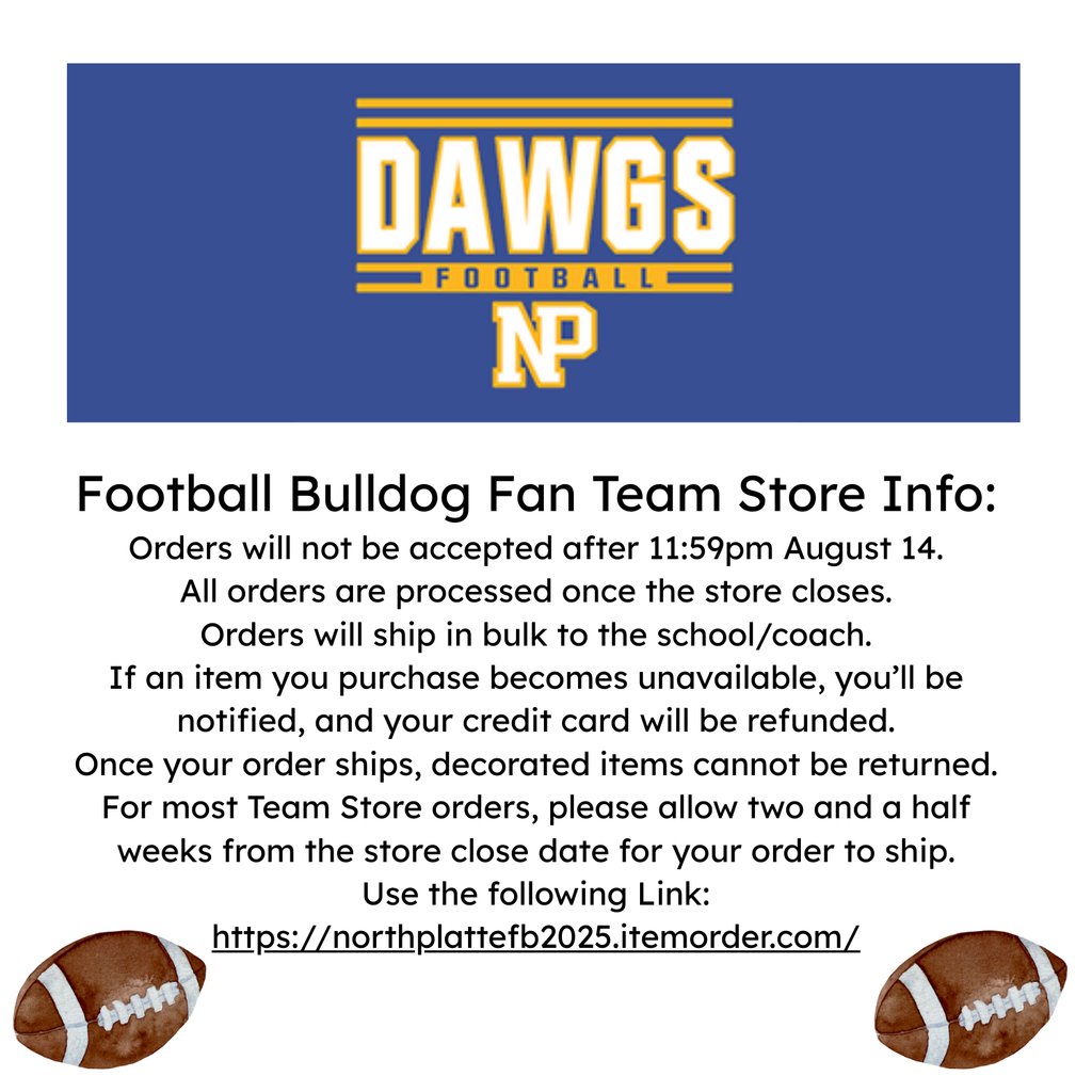 Make sure you get your Football apparel!!
northplattefb2025.itemorder.com