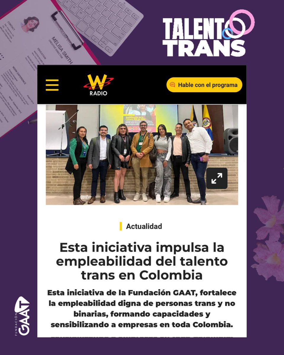 FundacionGAAT's tweet photo. Soñamos con un país donde las personas con experiencias de vida Trans🏳️⚧️ accedan a empleos dignos y seguros. Por eso creamos #TalentoTrans💼, una iniciativa para fortalecer capacidades y sensibilizar empresas.
📰 Conócela en esta nota de @WRadioColombia→
https://t.co/Hj7aw3puKm https://t.co/x5DHUp6Nku