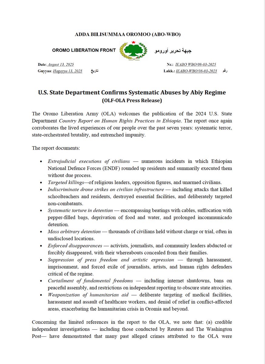 OLF_OLA's tweet photo. U.S. State Department Confirms Systematic Abuses by Abiy Regime
                  (OLF-OLA Press Release)
                         #Oromia #Ethiopia https://t.co/iKIdJr1ewF
