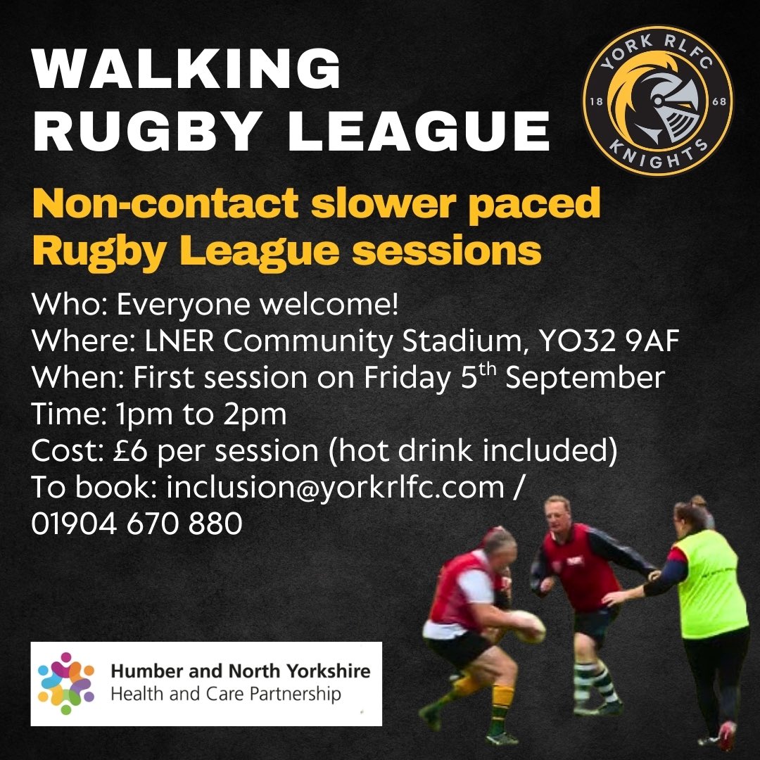 𝐘𝐨𝐫𝐤 𝐑𝐋𝐅𝐂 𝐅𝐨𝐮𝐧𝐝𝐚𝐭𝐢𝐨𝐧 𝐥𝐚𝐮𝐧𝐜𝐡𝐞𝐬 𝐖𝐚𝐥𝐤𝐢𝐧𝐠 𝐑𝐮𝐠𝐛𝐲 𝐋𝐞𝐚𝐠𝐮𝐞 𝐬𝐞𝐬𝐬𝐢𝐨𝐧𝐬!🚶🏾

We are proud to announce a series of Walking Rugby League taster sessions, thanks to funding from <a href="/HNYPartnership/">Humber & North Yorkshire Health & Care Partnership</a>!

🔗 yorkrlfc.com/post/york-rlfc…

#WeAreYork | #RiseUp