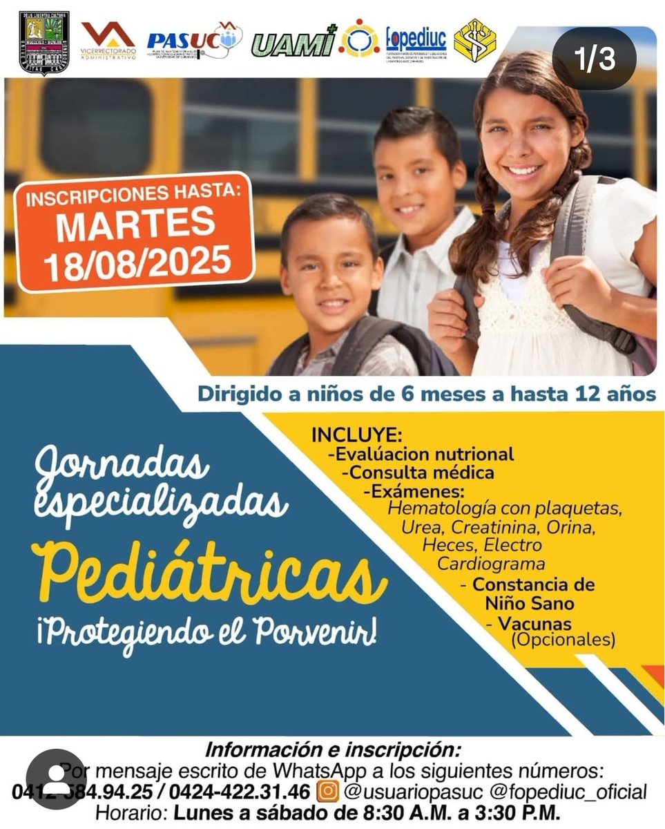 univnoticias's tweet photo. Universidad de Carabobo: Jornadas especializadas de Pediatría del programa Salud Integral Universitaria abren inscripciones https://t.co/02jAoR949m https://t.co/um70Djy5NA