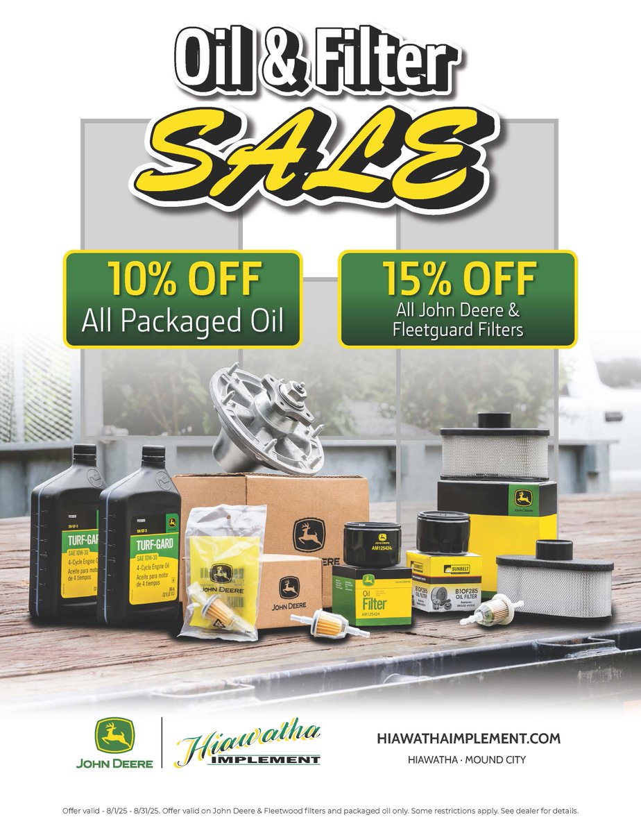 Keep your engines running smoothly with our latest deals! Enjoy 10% off all packaged oil and 15% off John Deere and Fleetgaurd oil filters. Quality protection at prices you'll love! Visit us or shop at shop.deere.com now! 🚜💨