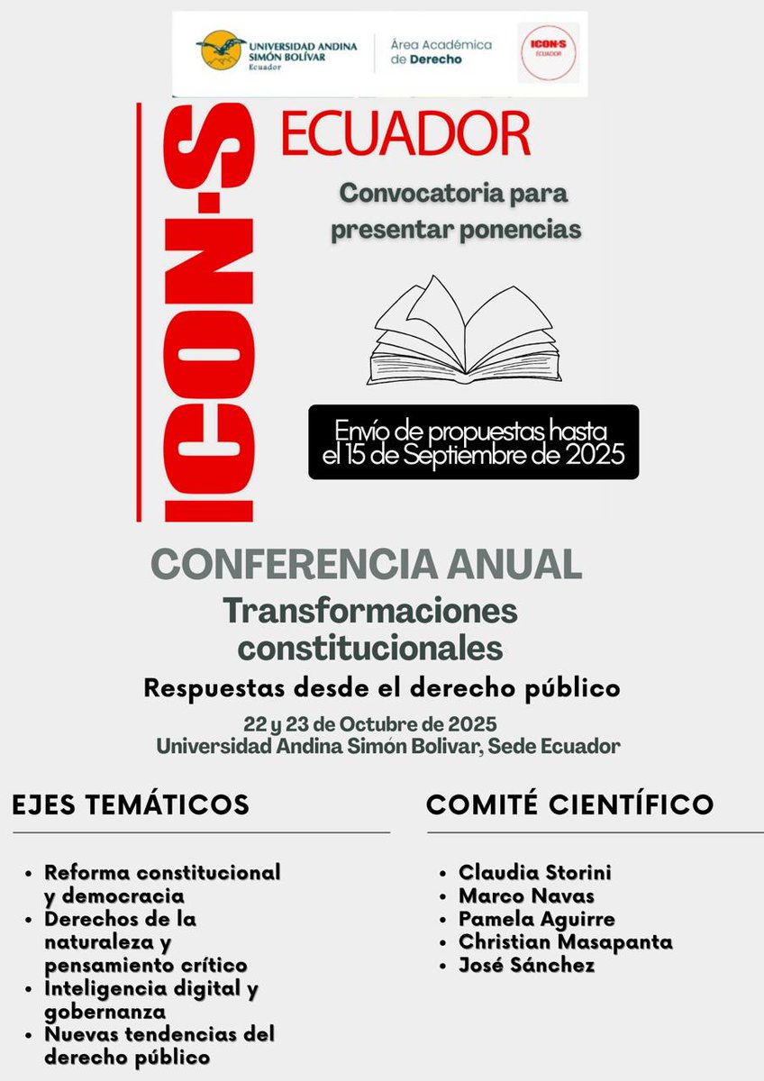 ✅El resumen se debe enviar al correo electrónico: claudia.storini@uasb.edu.ec con copia a fausto.quizhpe@uasb.edu.ec y a ecuadoricons@gmail.com
🟥Requiere inscripción en línea por el siguiente enlace: aplicaciones.uasb.edu.ec/PortalV/regist…