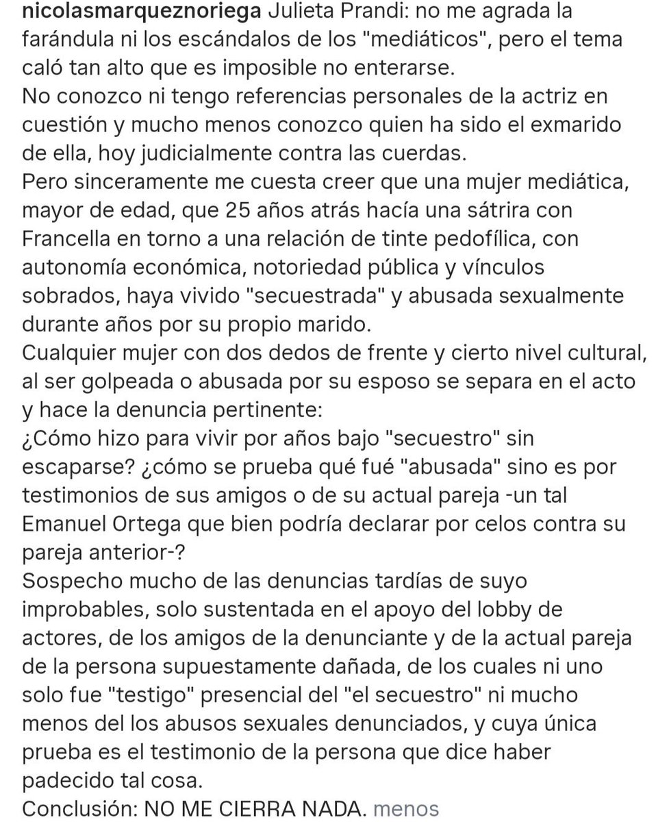 Nicolás Márquez, biógrafo de Javier Milei, puso en duda la denuncia por abuso de Julieta Prandi a su ex marido. Todo con argumentos típicos de estos pavos de las redes que se creen vivos.

Menos mal que después del escándalo, LIBRA iban a levantar una muralla alrededor del
