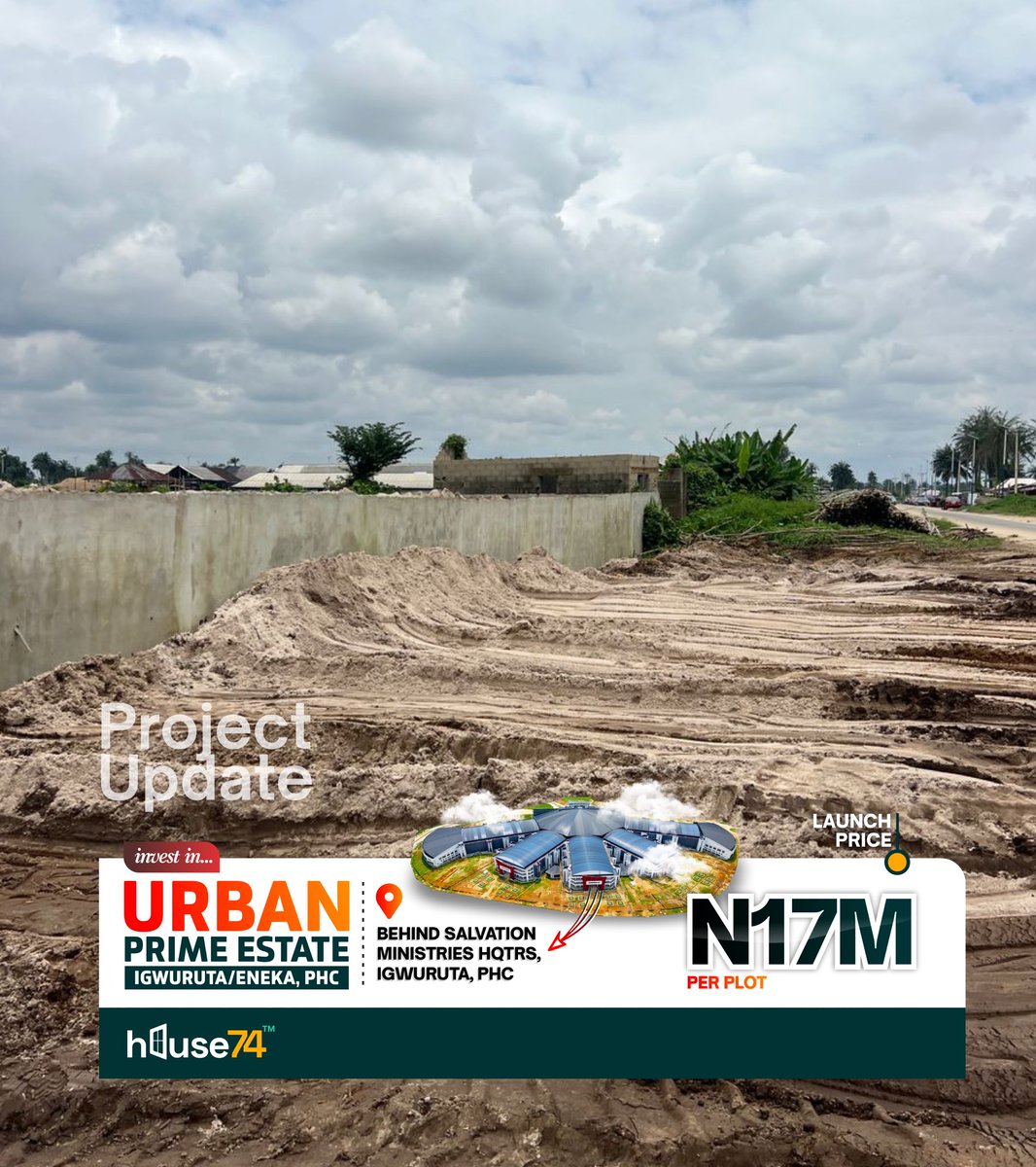 ThisIsHouse74's tweet photo. Here's Urban Prime Estate, a retirement plan for you to venture into.

Put your money to work by securing a plot or more here.
Located behind salvation Ministries Headquarters, Igwuruta.

Send us a DM to secure your at the Pre-Launch Price of 17M per plot 

#WinRealty #House74 https://t.co/KfAG93tdXG
