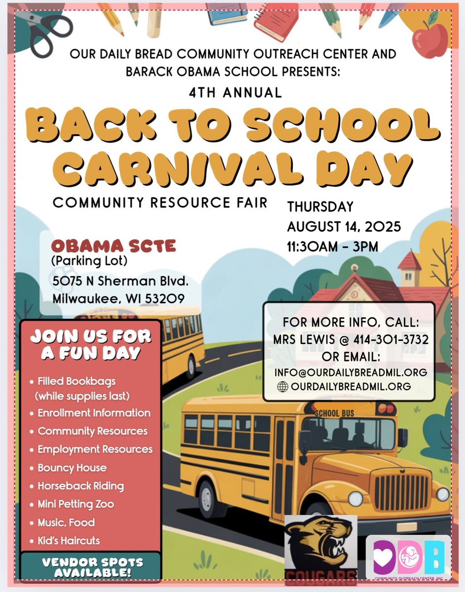 ObamaScte's tweet photo. Join us tomorrow for our 4th Annual Back to School Bash Carnival. We will have FREE backpacks (while supplies last), petting zoo, bouncy house, community resources, school apparel for sale, teachers and school staff, and more!  It’s in our school playground/parking lot 11:30-3:00 https://t.co/p6XGh9hPlc