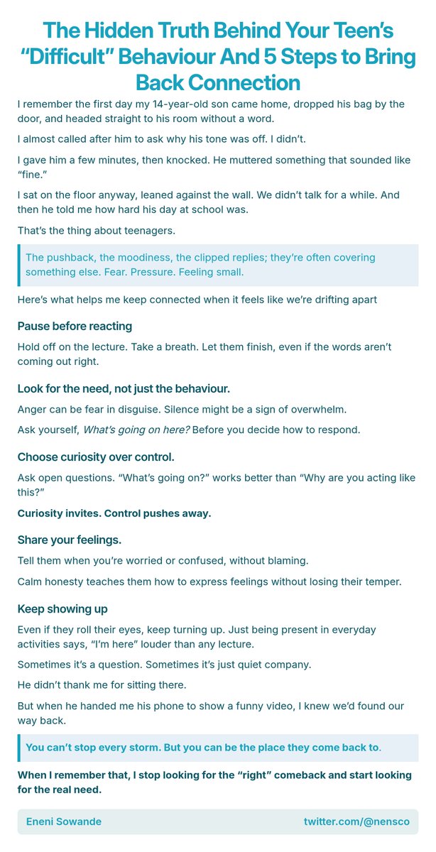 Nensco's tweet photo. When your teen pulls away, it’s tempting to push harder.
But most times, they’re covering something else.
The real bridge back isn’t force—it’s presence.

Here’s how I learned to stay connected when my teen shut me out. https://t.co/XVQ8ML24PA