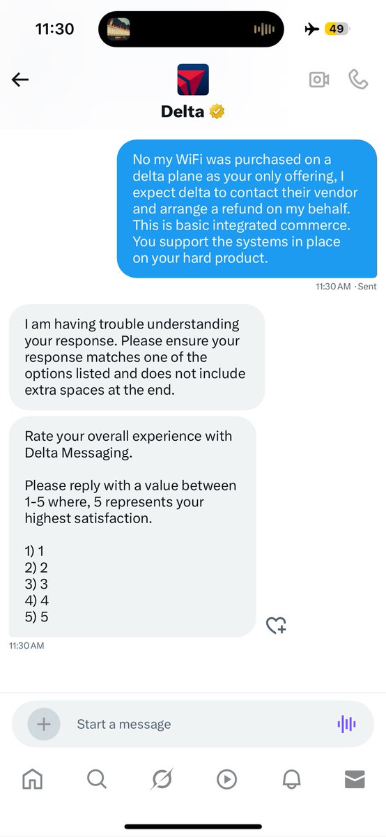 DLucy_3's tweet photo. @Delta Support the systems you choose to install in your aircraft, do not direct customers to contact your chosen vendor when their products fail. This is the bare minimum expectation. https://t.co/1ebf2ijUQx