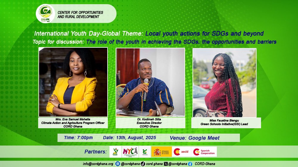 cordghana's tweet photo. Join us in few hours as we discuss the role of the youth in achieving the SDGs, the opportunities and barriers.
Tap on the link below to join👇
https://t.co/E4gpsY2Dra https://t.co/Raw4Rr73EE