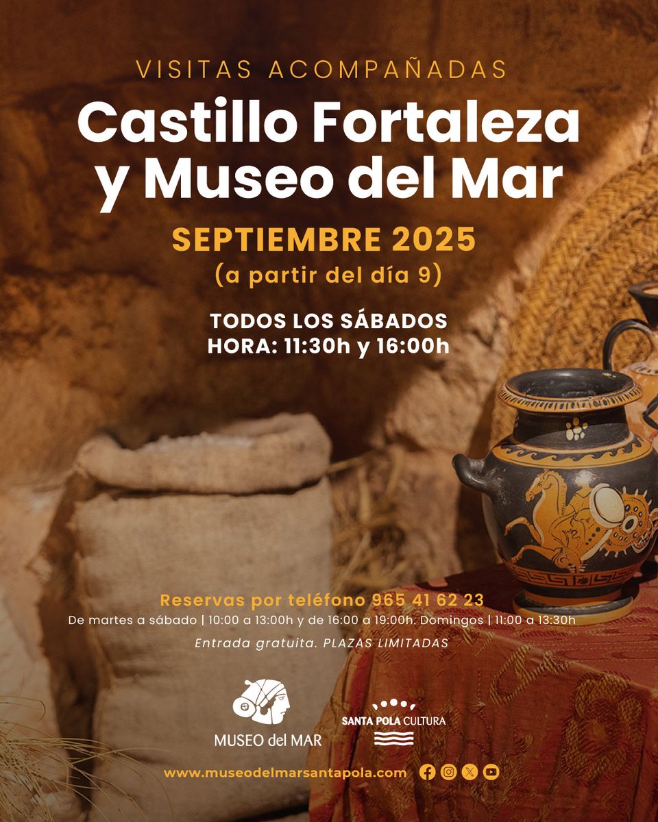 #SEPTIEMBRE 👉🏼 Visitas acompañadas gratuitas al #CastilloFortaleza y el #MuseodelMarSantaPola todos los sábados desde el día 9 a las 11:30h y 16:00h
ℹ️ Reservas ☎️ 965 41 62 23 en horario del museo.

#museo #patrimonio #arte #etnografía #turismocultural #cultura #SantaPola