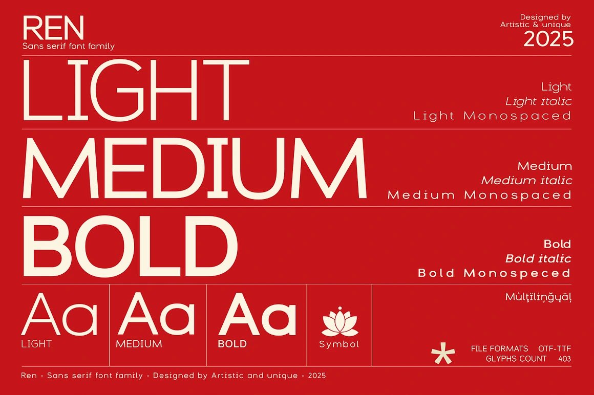 TanerKucukgenc's tweet photo. ✍🏼 Ren - Sans serif font family 
It features alternative characters, nine styles, multilingual content, and a unique symbol. This richness of content allows it to contribute to the aesthetic concerns of your creative projects.
👉You can buy it here : https://t.co/DEdCucVXuz #font https://t.co/EyawhlWt7c