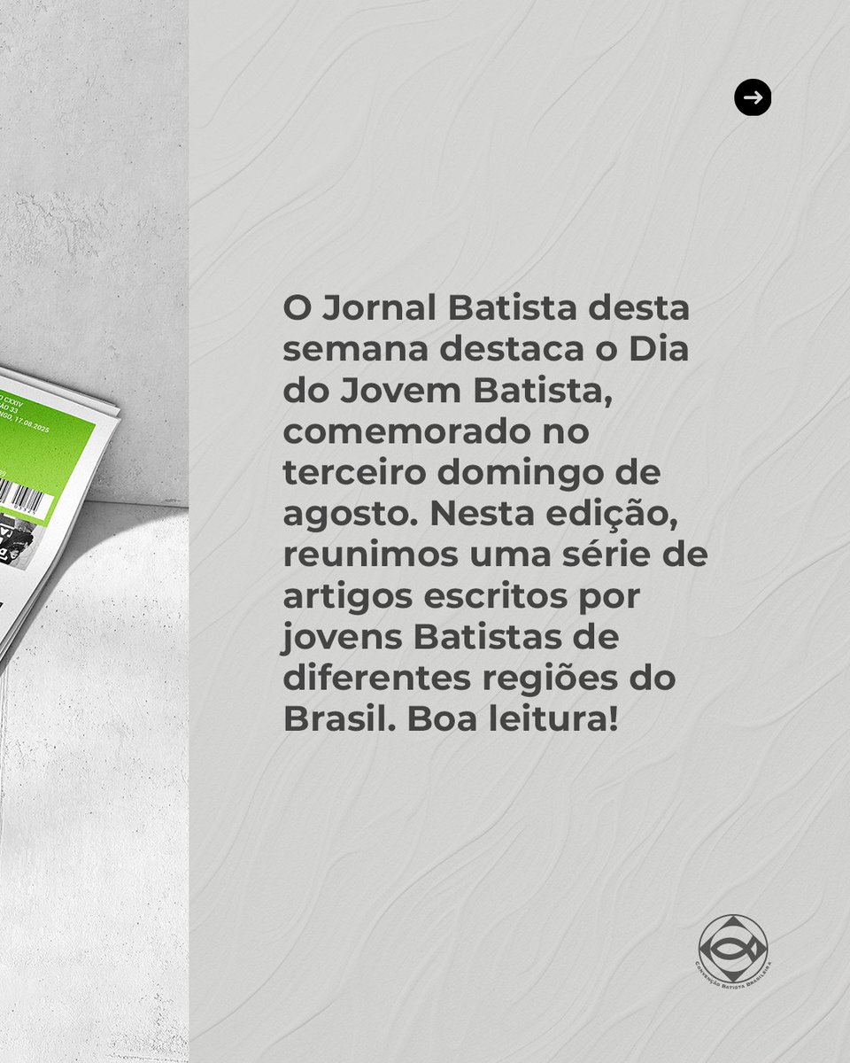 batistasdacbb's tweet photo. O Jornal Batista desta semana destaca o Dia do Jovem Batista, comemorado no 3º domingo de agosto. Nesta edição, reunimos artigos escritos por jovens Batistas de diferentes regiões do Brasil.
Download de OJB: https://t.co/rULVLhrKvh
Leia online: https://t.co/CaIeloIkTl
#CBB #OJB https://t.co/QiGXr51w5M