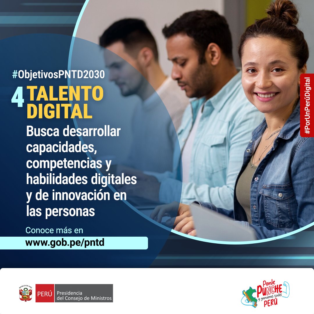 PeruPaisDigital's tweet image. ☝️Uno de los objetivos prioritarios de la Política Nacional de Transformación Digital al 2030 es fortalecer el #TalentoDigital de las personas, desarrollando en ellas las capacidades, competencias e innovación para enfrentar los retos del presente y futuro.

👩‍💻 Con énfasis en…