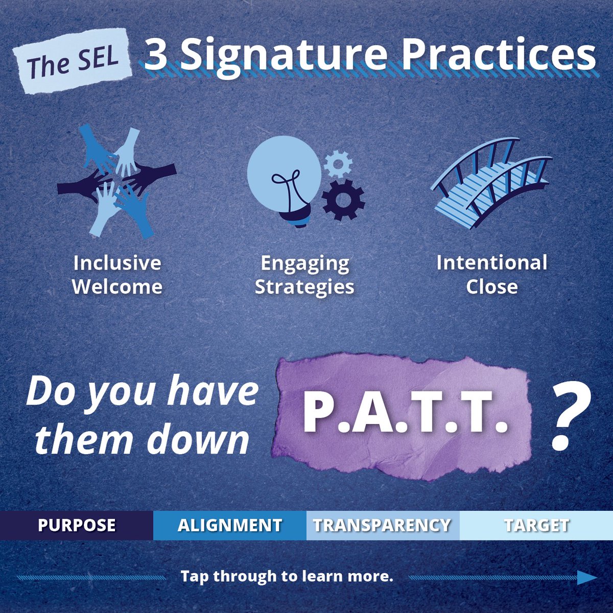 caselorg's tweet photo. Do you have the SEL 3 Signature Practices "down P.A.T.T."? Learn them with CASEL!

https://t.co/2NYqDwyQsU

Join our workshop on August 19th to bring these research-based strategies for connection, collaboration, and engagement to your lessons the very next day! https://t.co/QU91X8AJ21