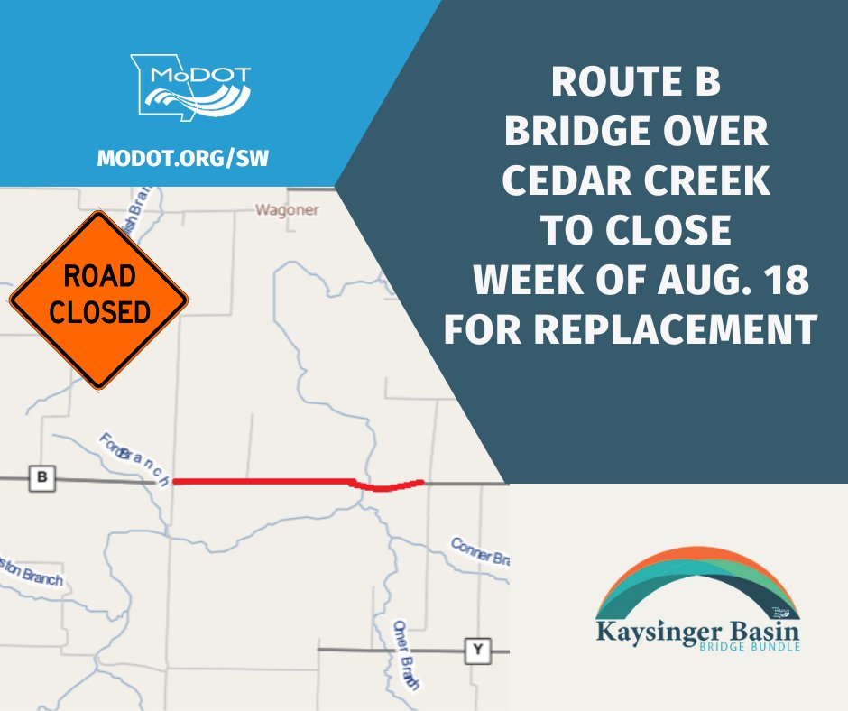 Contractor crews are set to CLOSE the Cedar County Route B bridge over Cedar Creek east of #JericoSprings until mid-November beginning the week of August 18 to replace the bridge. modot.org/node/74190 #MoDOTSW