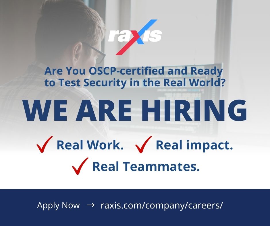 RaxisOne's tweet image. PenTesters: Stop lurking.

Raxis is hiring OSCP-certified ethical hackers (must be authorized to work in and reside in the US).

Red team ops, real-world exploits, no fluff.
🔥 raxis.com/company/career…
#Raxis #cyberjobs #PenetrationTest